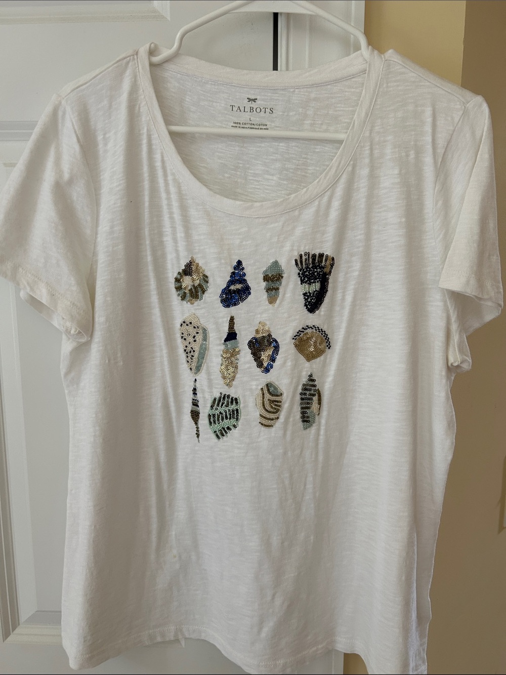 Talbots White Sequin & Bead Shell Motif Tee
